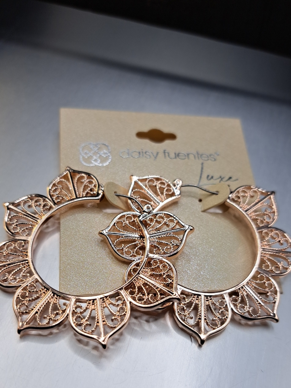 Daisy Fuentes Rose Gold Tone Floral Filigree Hoop Earrings